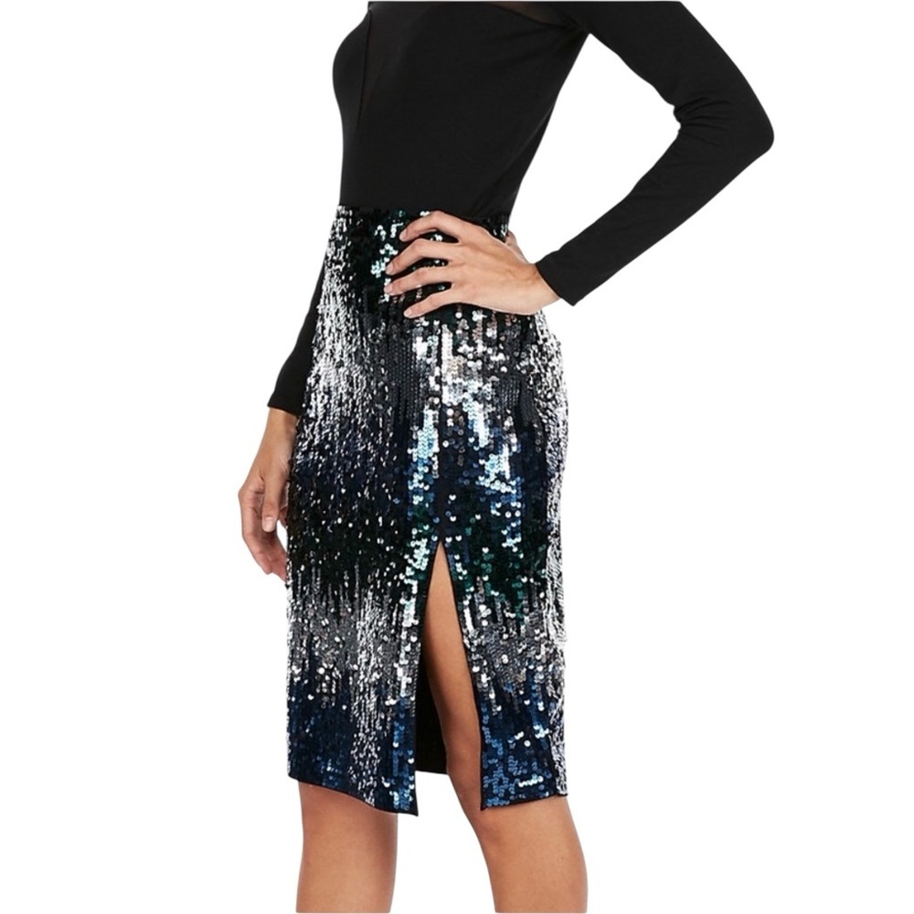Express Green/Blue/Silver Sequin Pull-On Pencil Skirt Size M